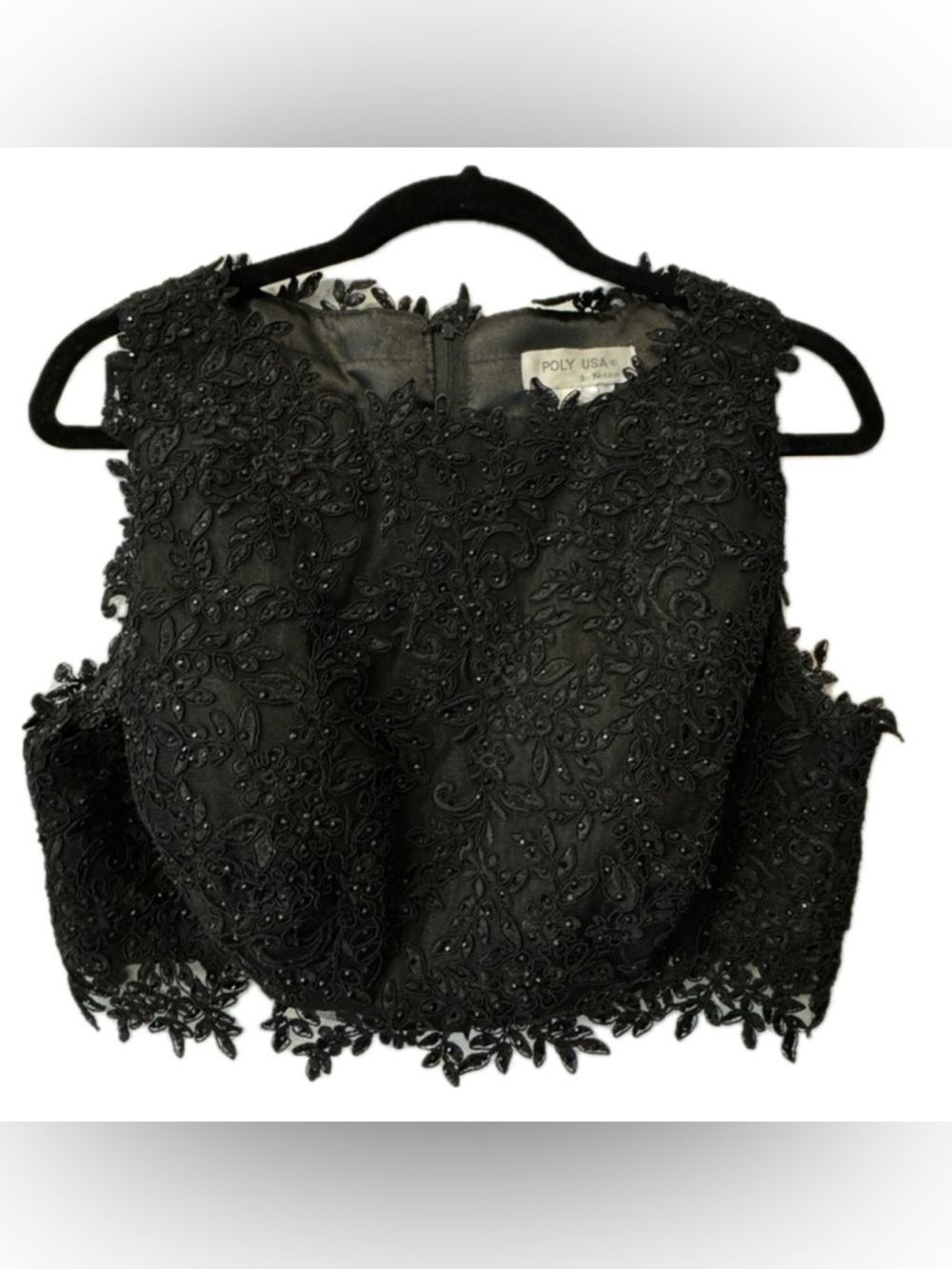 Black Beaded Lace Crop Top L Floral Embroidered Sheer Formal Party Cocktail